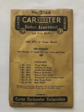 Carter #214a Vintage Carb Gasket Set Fits 1951 Chrysler C-51 With Bb Carter #214a Vintage Carb Gasket Set Fits 1951 Chrysler C-51 With Bb