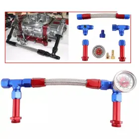 Triples Autoparts Fuh012-bl-rd Fpr007-rd-3d An8 Braided Dual Feed Carb Fuel Line Pressure Gauge For 4150 Holley Carburetor